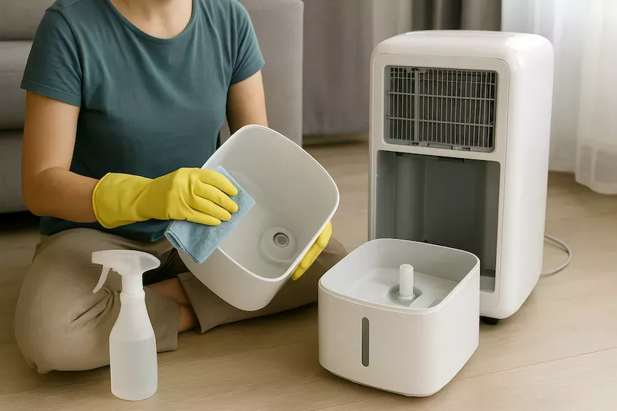 “Person rengör luftfuktare och AC i hemmiljö – tydlig rengöring av filter och behållare för bättre luftkvalitet och hygien i hemmet”